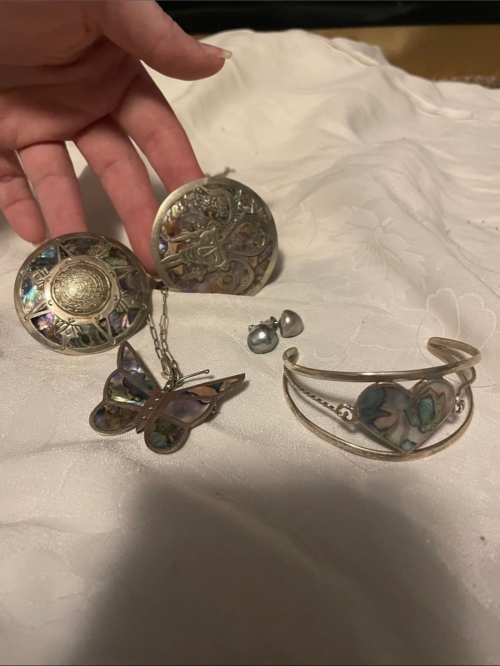 Iridescent Abalone Butterfly & Heart Bracelet Set With Broaches - Silver Tone